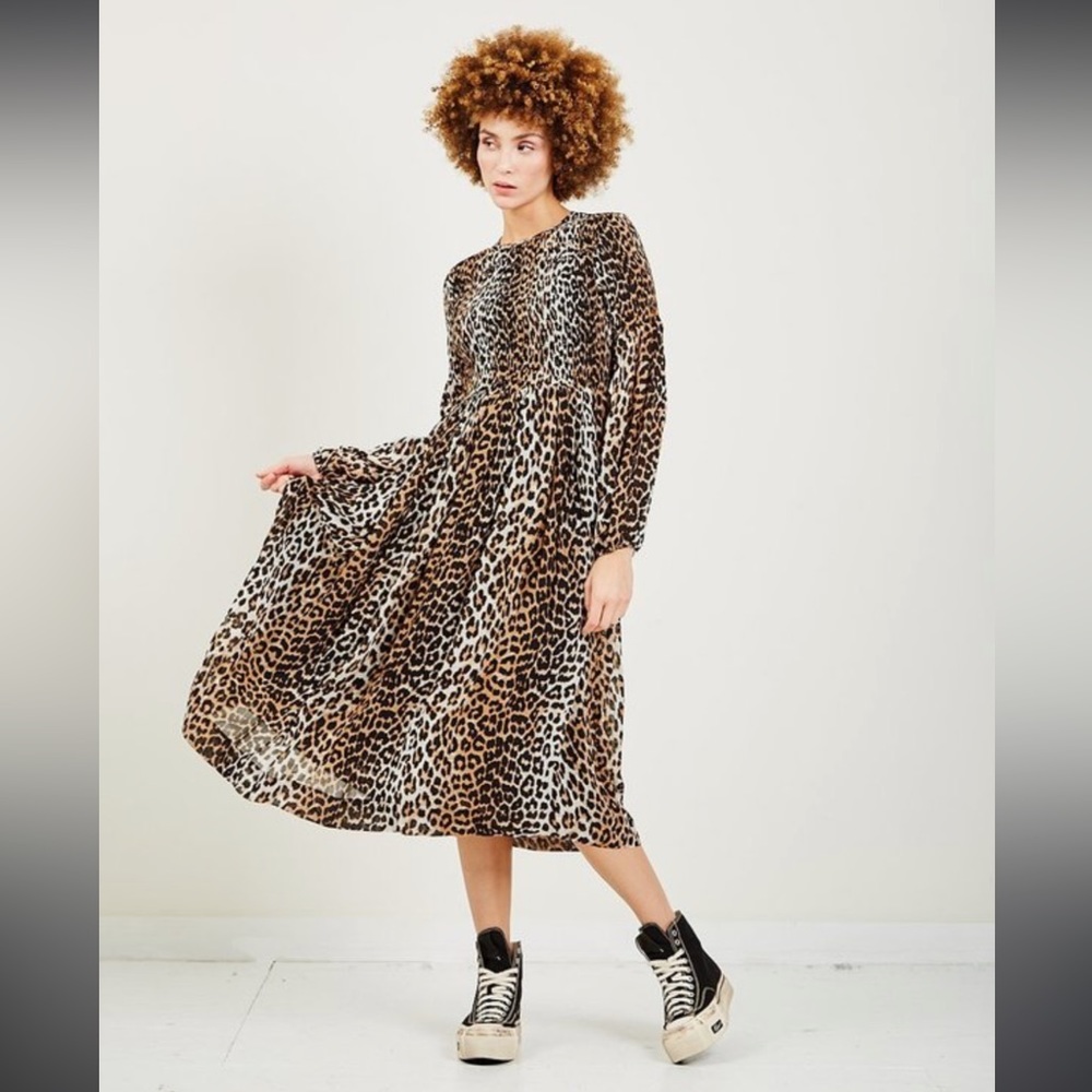 Ganni Leopard Animal Print Georgette Smock Long Sleeve Midi Dress Size 34